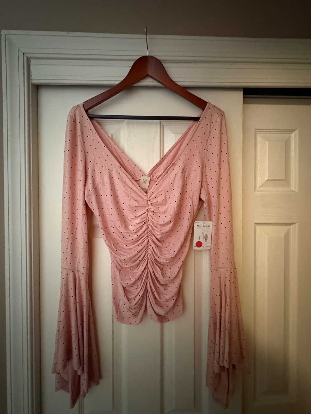 Free People What A Babe Bell Sleeve Dot Pink Top M